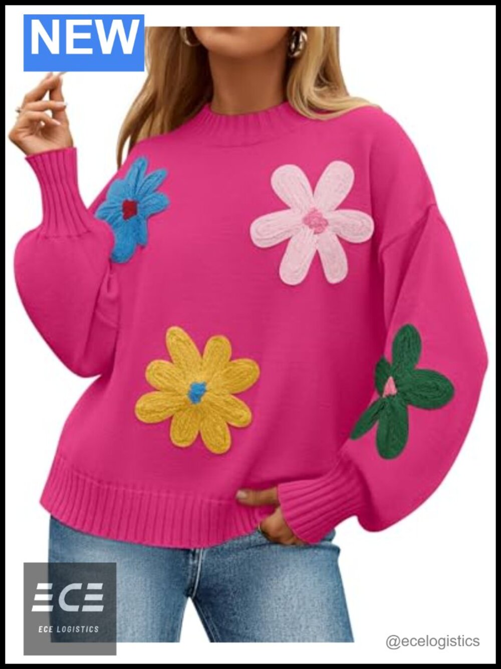 ZESICA Floral Knit Pullover Sweater Crew Neck Long Sleeve
